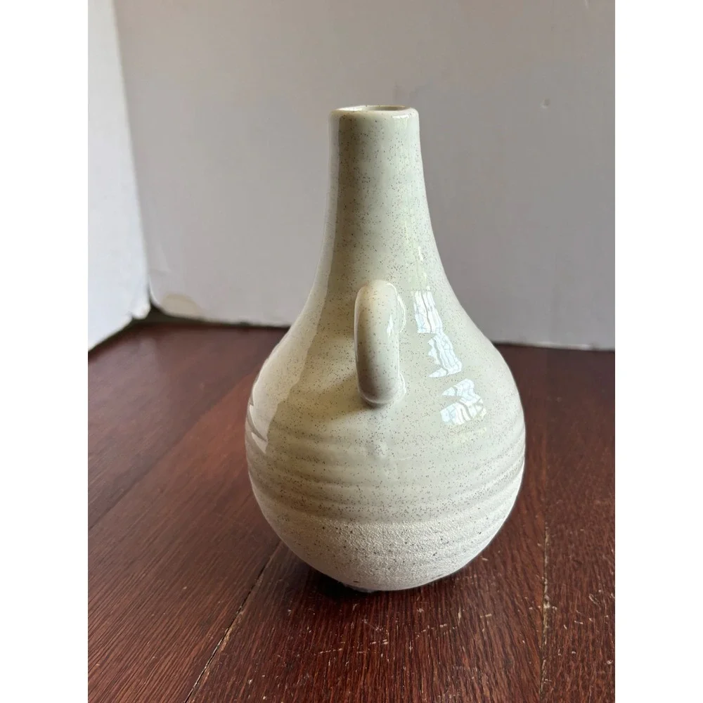 Speckled Ceramic Bud Vase Double Handle Ribbed Cream Stoneware 6.5 Inch